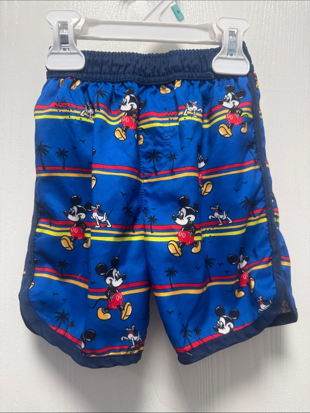 Disney Blue Mickey Mouse Swim Shorts with Red & Yellow Stripes